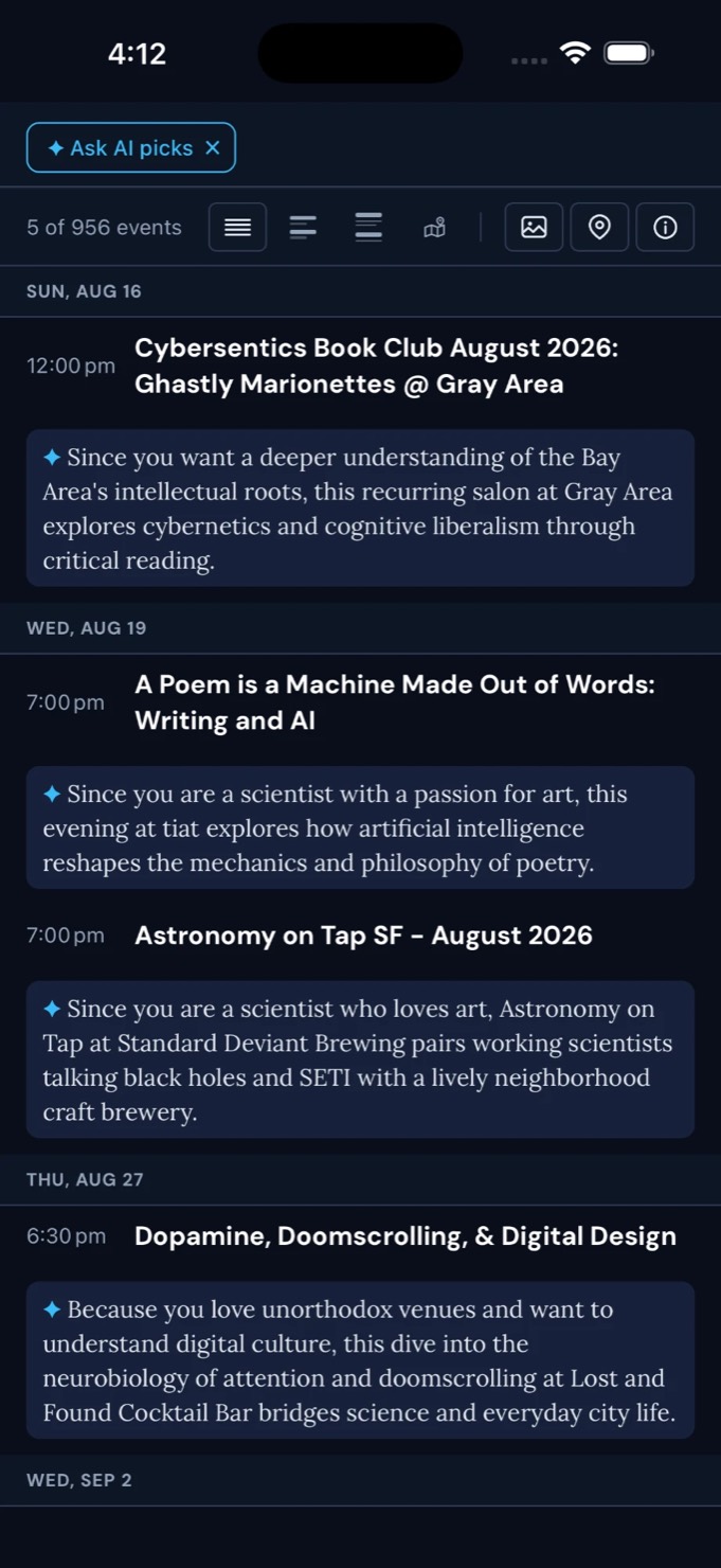 The calendar filtered to Ask AI's picks, each with its reason — shown in dark mode
