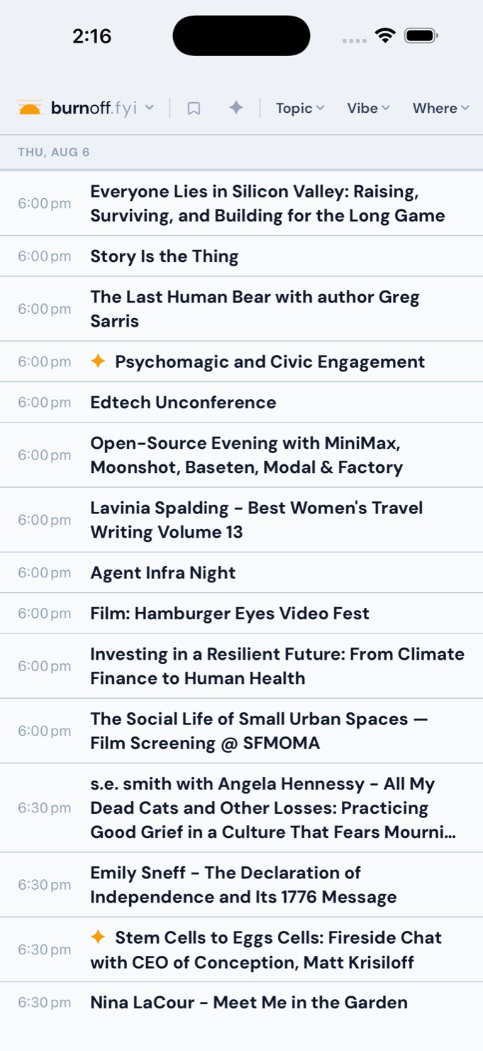 Burnoff for iPhone browsing the Bay Area calendar