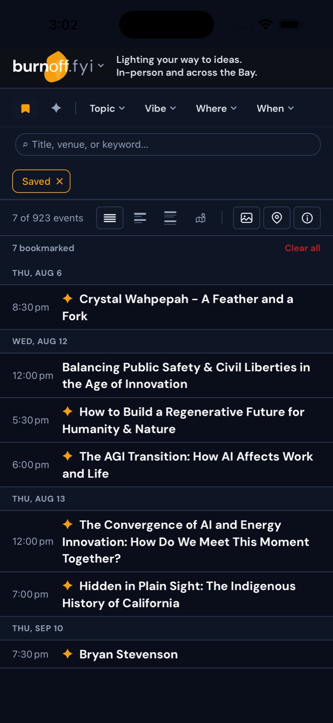 The Saved view — bookmarked events on your phone